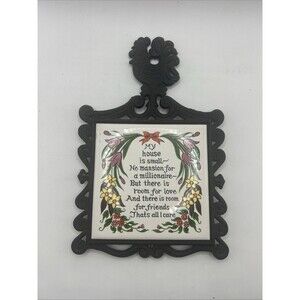 Vtg Cast Iron/Tile Trivet My House Is Small Japan 4.5" tile